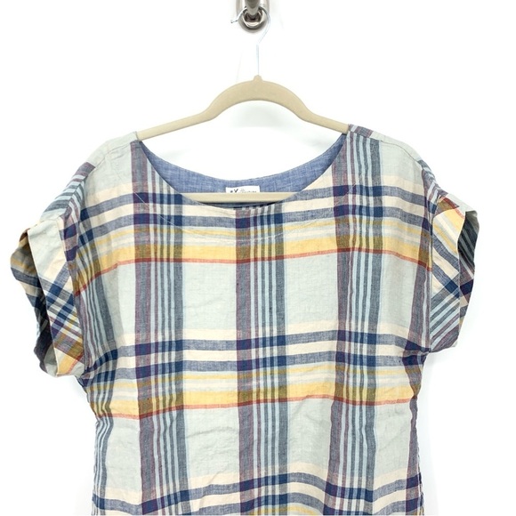 LL Bean Signature Women Size Medium Shirt Front Tie Top Blue Plaid Linen - Picture 2 of 6